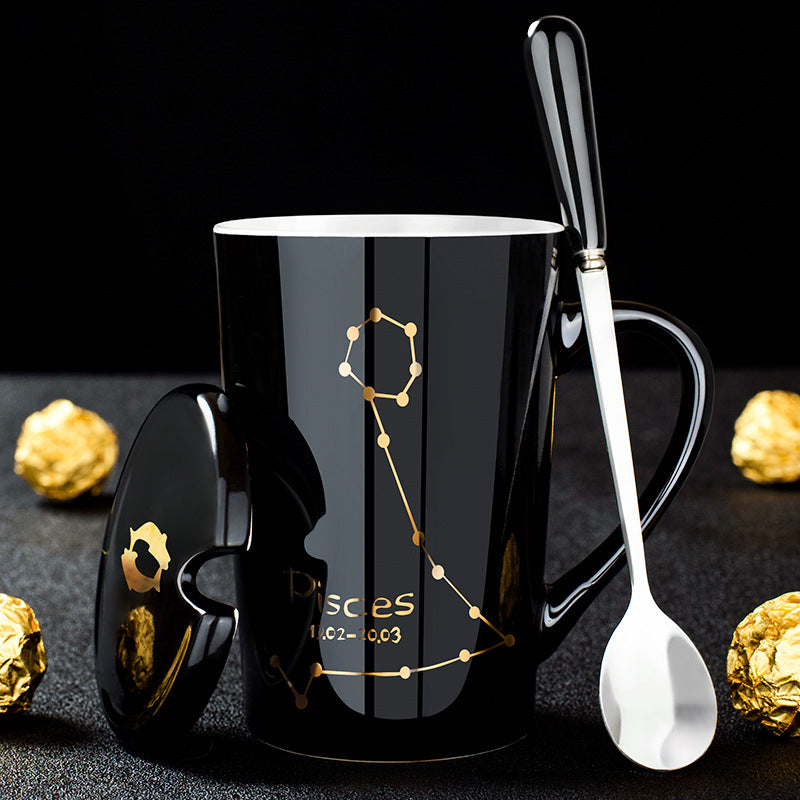 BowLift | 12 Zodiac Signs Black Ceramic Mug with Lid Spoon