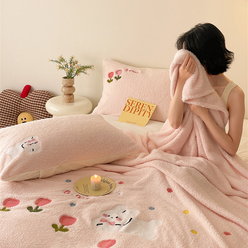 Double-sided lamb fleece blanket with cartoon print