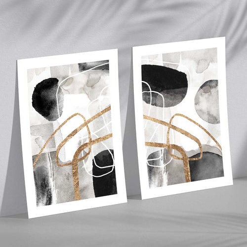Black and Gold Abstract Shapes Set of 2 Art Prints | Bowlift