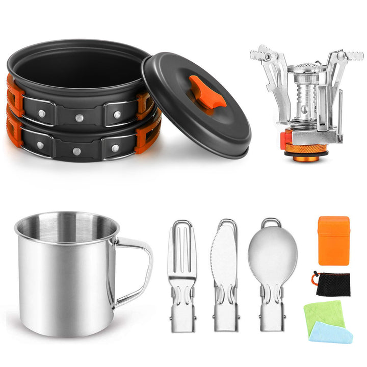 compact foldable camping cookware set with nesting nonstick pots portable folding gas burner stainless mug and folding utensils Bowlift
