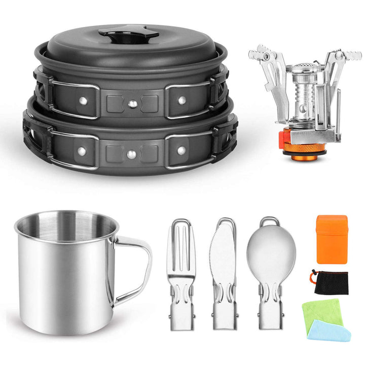 compact foldable camping cookware set with nesting nonstick pots portable folding gas burner stainless mug and folding utensils Bowlift