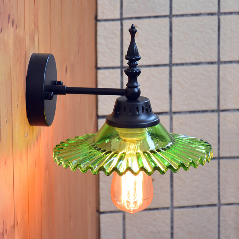BowLift | Clear/Green Glass Black Wall Light Cone/Wide Flare 1-Light Industrial Wall Lamp for Living Room
