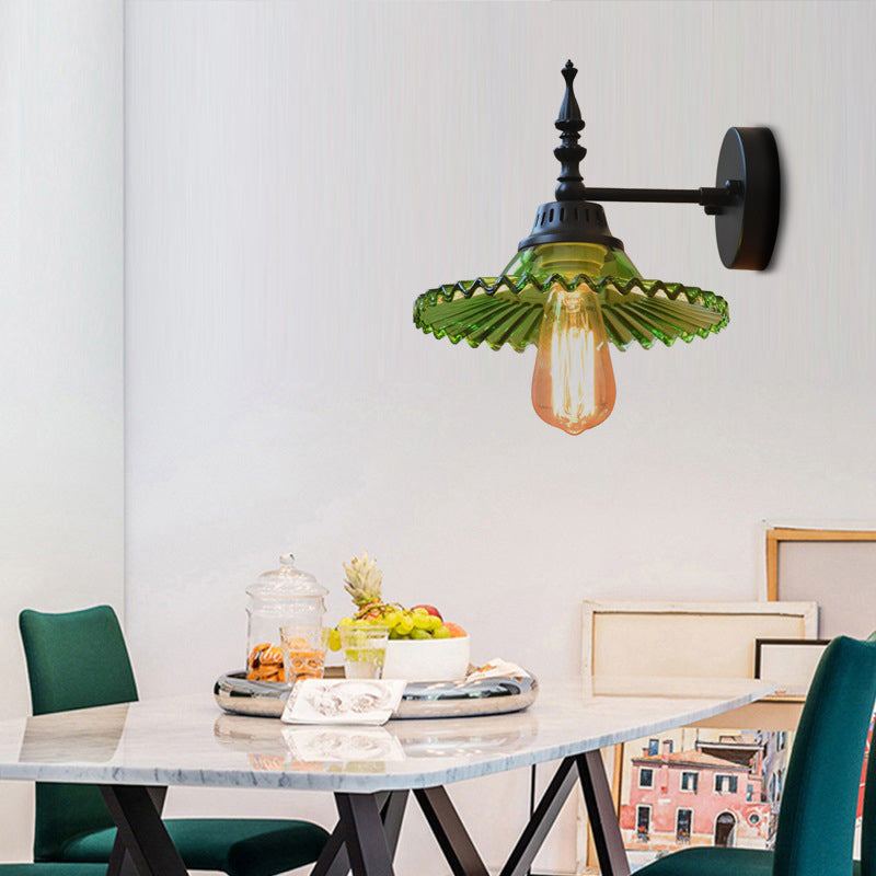 BowLift | Clear/Green Glass Black Wall Light Cone/Wide Flare 1-Light Industrial Wall Lamp for Living Room