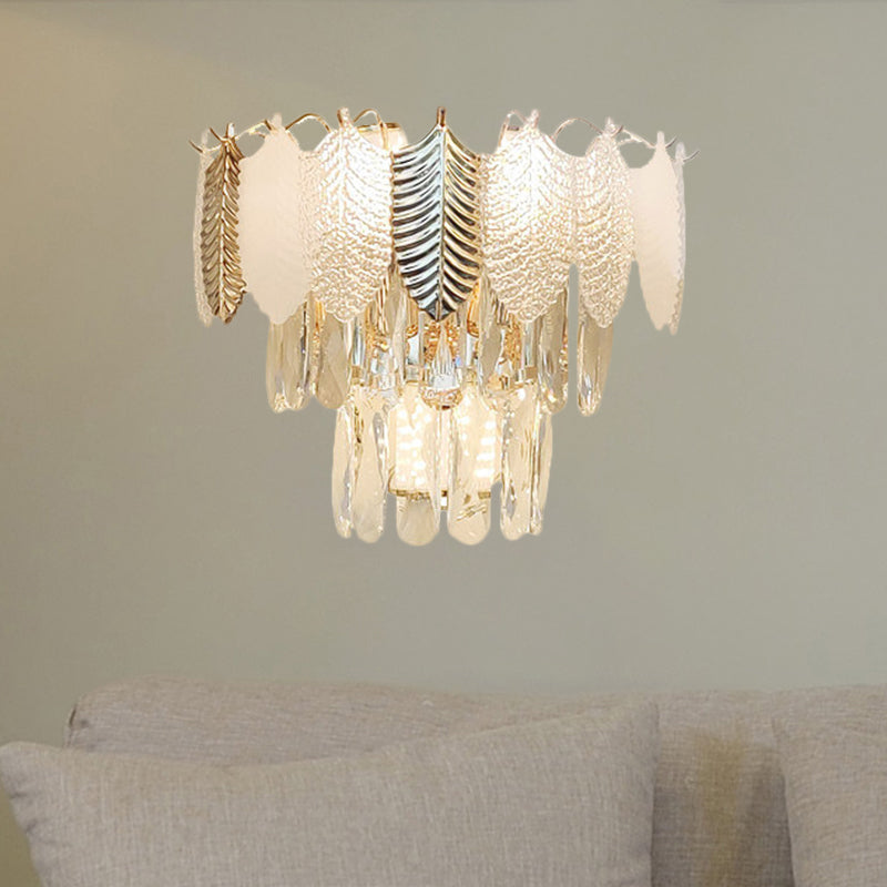 BowLift | 3 Heads Conical Wall Sconce Light Modern Clear Crystal Wall Lamp with Golden and Acrylic Leaves