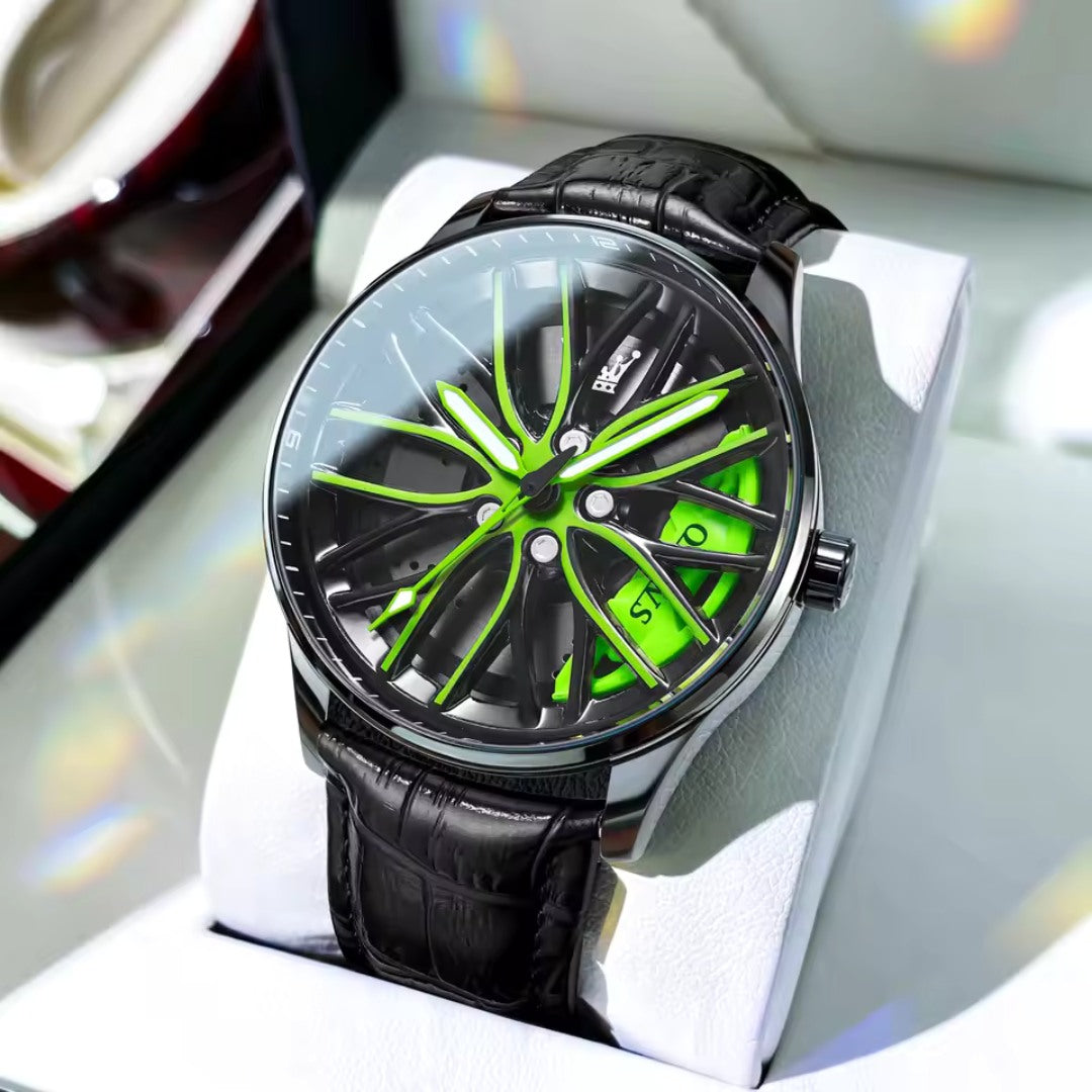 Racing-Inspired Watch with Rotating Dial and Luminescent Detail