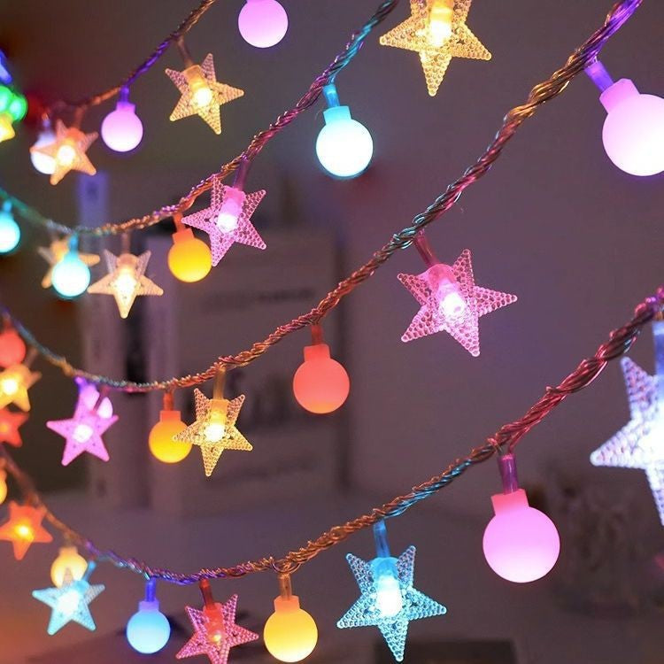 LED string lights with balls and stars, battery operated