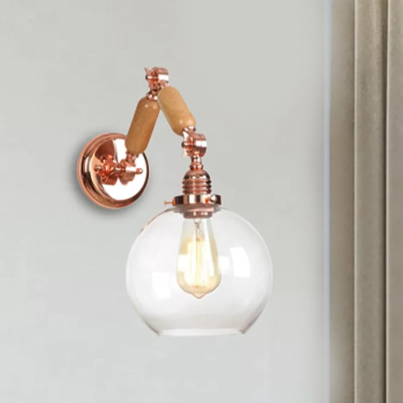 BowLift | 1 Bulb Globe Wall Mounted Light Fixture Rustic Rose Gold Clear Glass Lighting with Retractable Arm