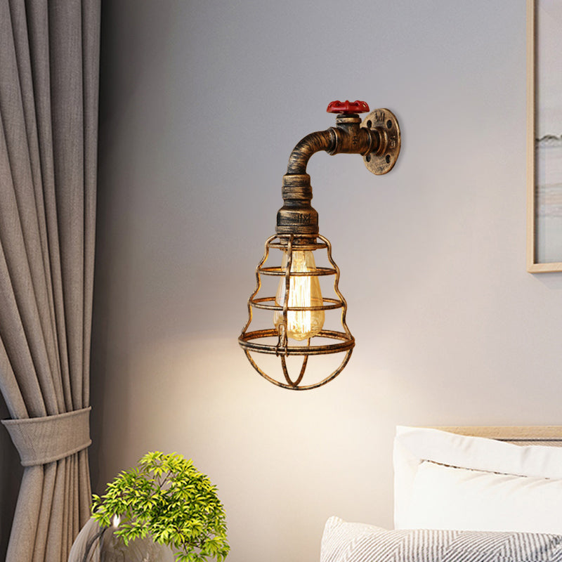 BowLift | 1 head cage bulb-shaped wall lamp farmhouse style antique bronze iron wall light with valve wheel