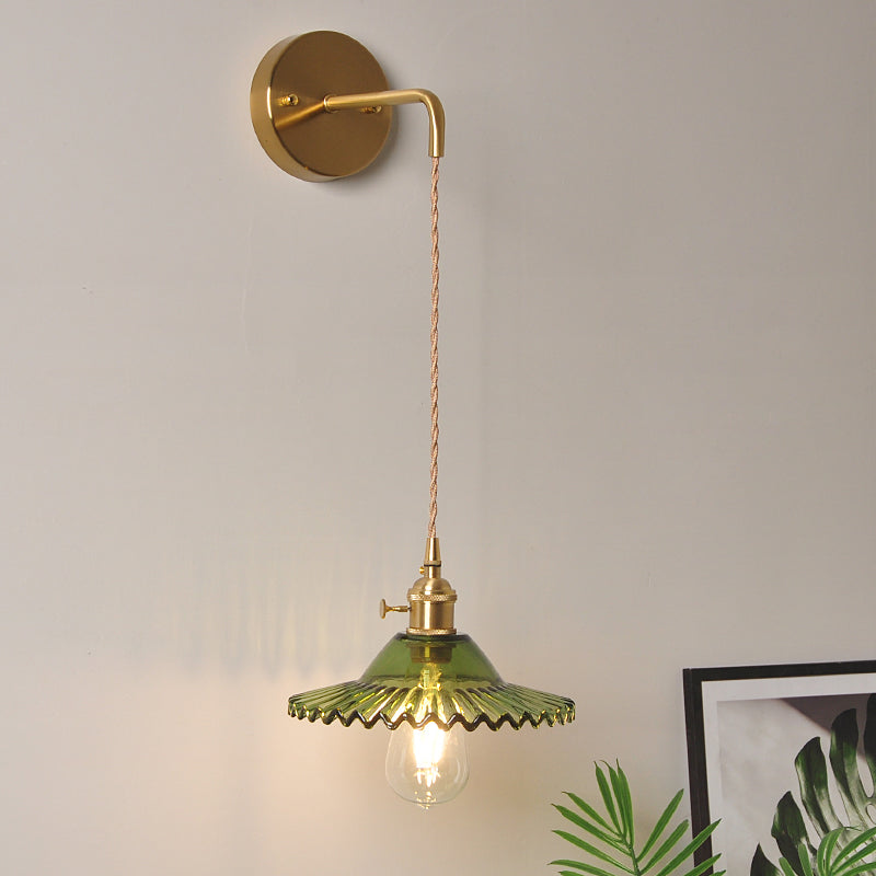 BowLift | Green glass wavy wall lamp industrial 1 light living room lighting fixture in brass