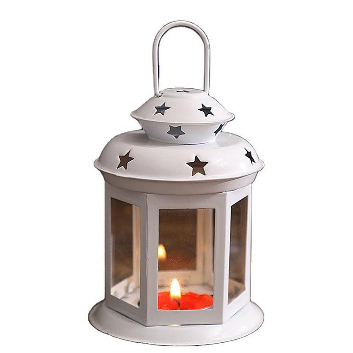 Mini Hexagonal Glass-Panelled Party Tealight Lantern with Star Venting and Carry Handle Bowlift