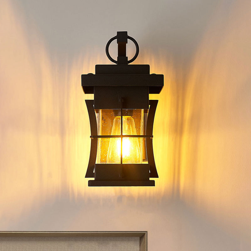 BowLift | Clear Glass Black Wall Light Square/Rectangle 1-Light Coastal Wall Lamp Fixture with Iron Cage