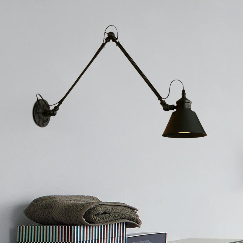 BowLift | 1 Head Cone-Shaped Wall Mount Retro Style Black/Chrome Metal Swing Arm Wall Light for the Study