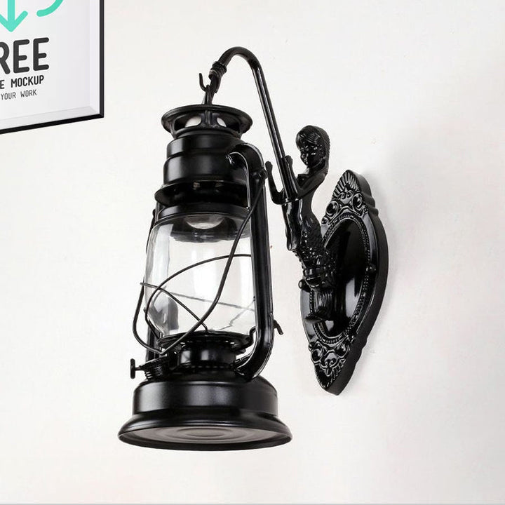 BowLift | One Bulb Wall Lamp with Lantern Shade Clear Glass Coast Bedroom Wall Lamp in Black/Antique Brass/Aged Copper with Mermaid