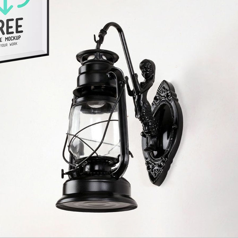 BowLift | One Bulb Wall Lamp with Lantern Shade Clear Glass Coast Bedroom Wall Lamp in Black/Antique Brass/Aged Copper with Mermaid