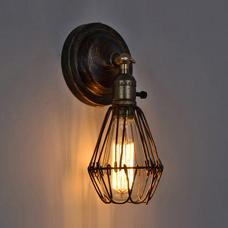 BowLift | 1 Light Bulb Wire Cage Wall Light Country House Style Stylish Antique Brass Wrought Iron Wall Light Lighting for Restaurant