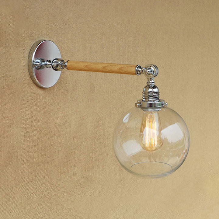 BowLift | Vintage Orb Wall Light Fixture 1 Lamp Clear Glass Wall Lamp in Chrome for Bathroom, 8"/4"/6" Wide Wooden Arm