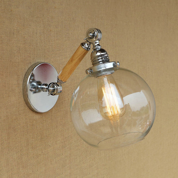 BowLift | Vintage Orb Wall Light Fixture 1 Lamp Clear Glass Wall Lamp in Chrome for Bathroom, 8"/4"/6" Wide Wooden Arm