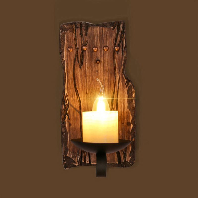 BowLift | Cylinder Coffee Shop Wall Light Fixture Artificial Marble 1 Light Brown Wall Lamp with Wood Semi-Cap/Base/Rectangle Base
