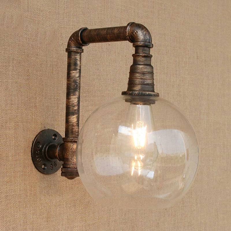 BowLift | Globe Stairway Wall Lamp Industrial Clear Glass 1 Light Aged Brass Wall Mounted Light with Corner Pipe, 8"/10" Width