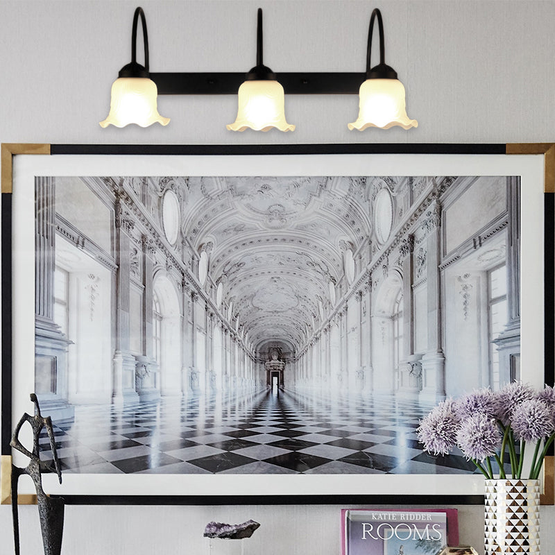 BowLift | 3-bulb wall lamp with flared shade opal glass industrial living room wall lighting in black