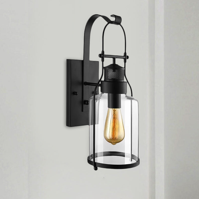 BowLift | Cylinder clear glass wall-mounted lamp industrial single bulb living room wall sconce in black/white/rust with cage