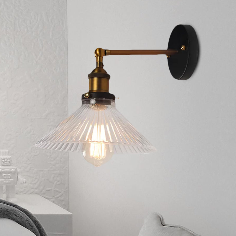 BowLift | Clear Ribbed Glass Cone/Flower Wall Lamp Industrial 1 Light Living Room Lighting Fixture in Brass for Dining Room