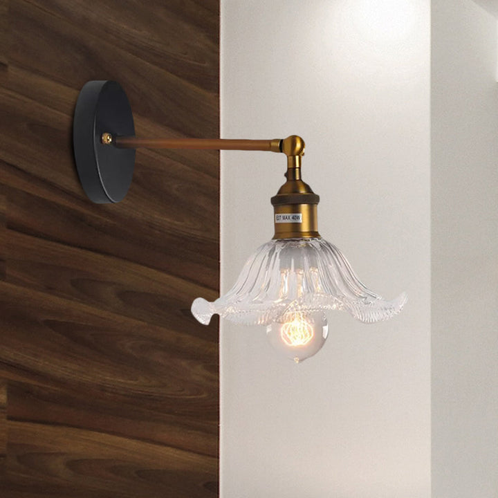 BowLift | Clear Ribbed Glass Cone/Flower Wall Lamp Industrial 1 Light Living Room Lighting Fixture in Brass for Dining Room