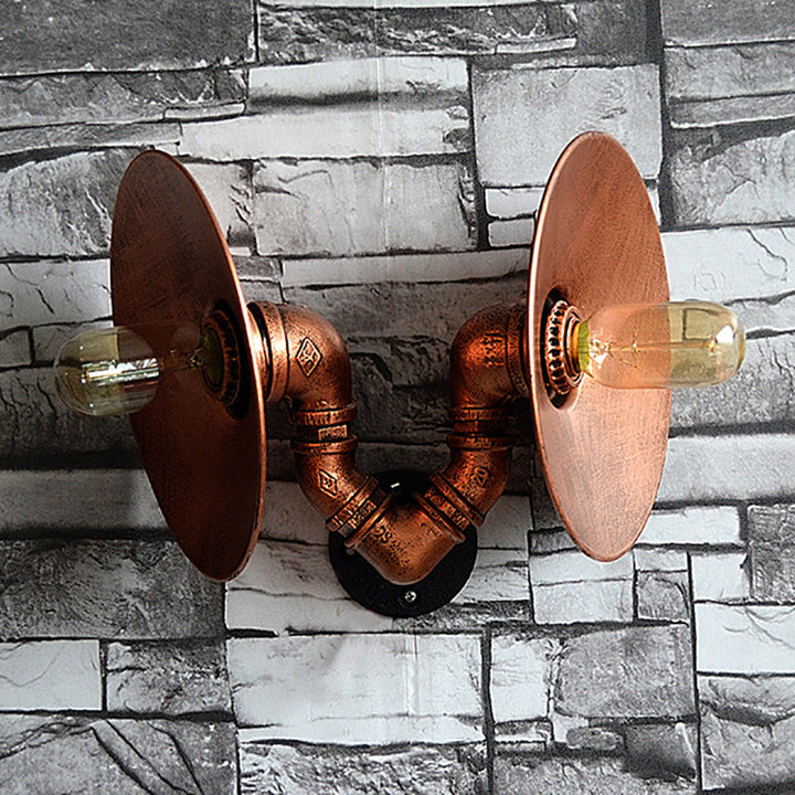 BowLift | Dark Rust Round Wall Light Rustic Style Wrought Iron 2 Bulbs Bedroom Wall Mounted Light with Pipe