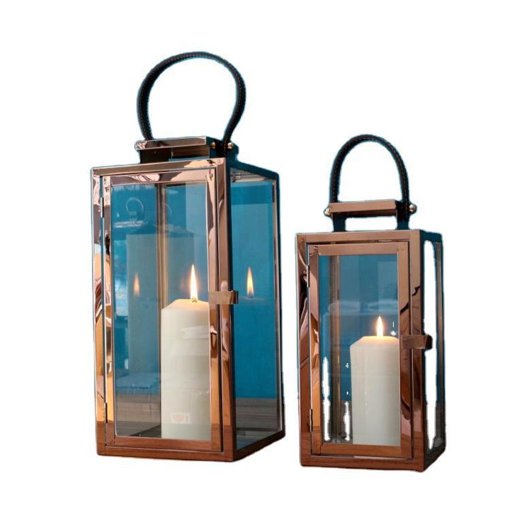 Rectangular Glass Candle Lanterns with Polished Metal Frame and Faux Leather Handle Set Bowlift