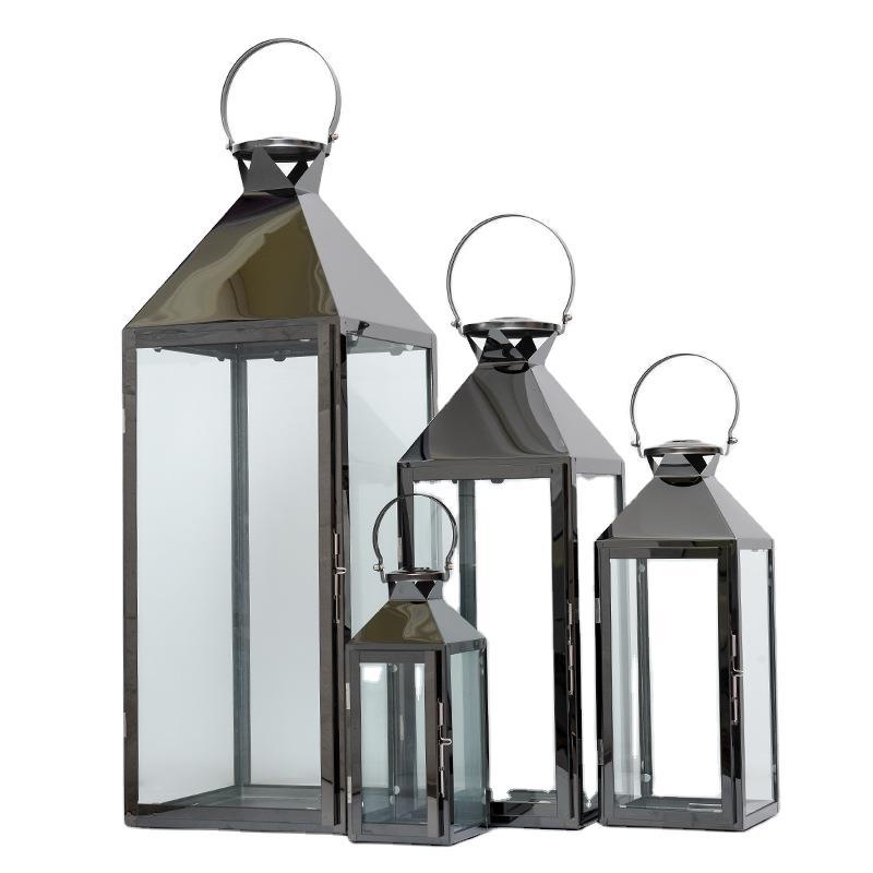 Stainless Steel Glass Hurricane Lantern Set with Hinged Door and Top Carry Ring Bowlift