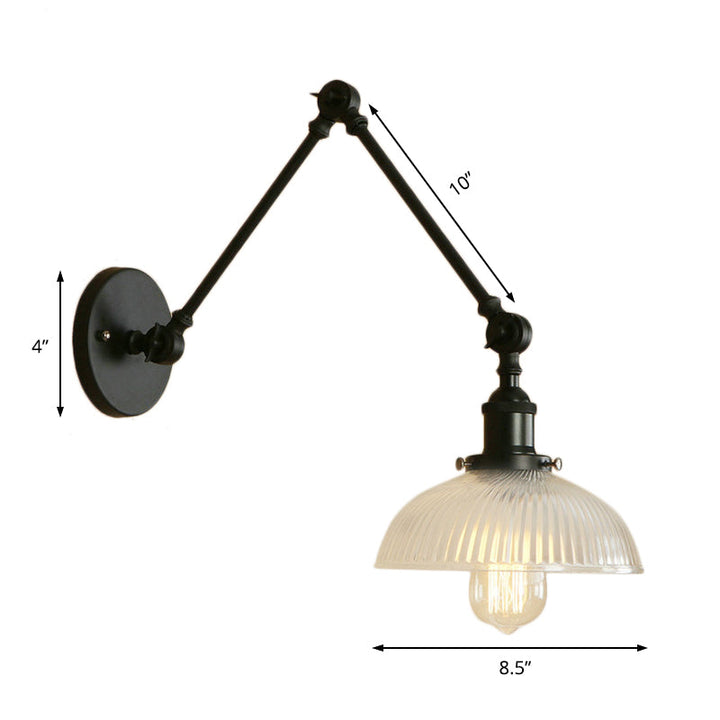 BowLift | 1 Light Ribbed Glass Wall Lamp Light Industrial Antique Brass/Black/Rust Dome Living Room Lighting Fixture with Swing Arm