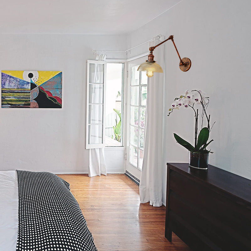 BowLift | 1 Light Ribbed Glass Wall Lamp Light Industrial Antique Brass/Black/Rust Dome Living Room Lighting Fixture with Swing Arm