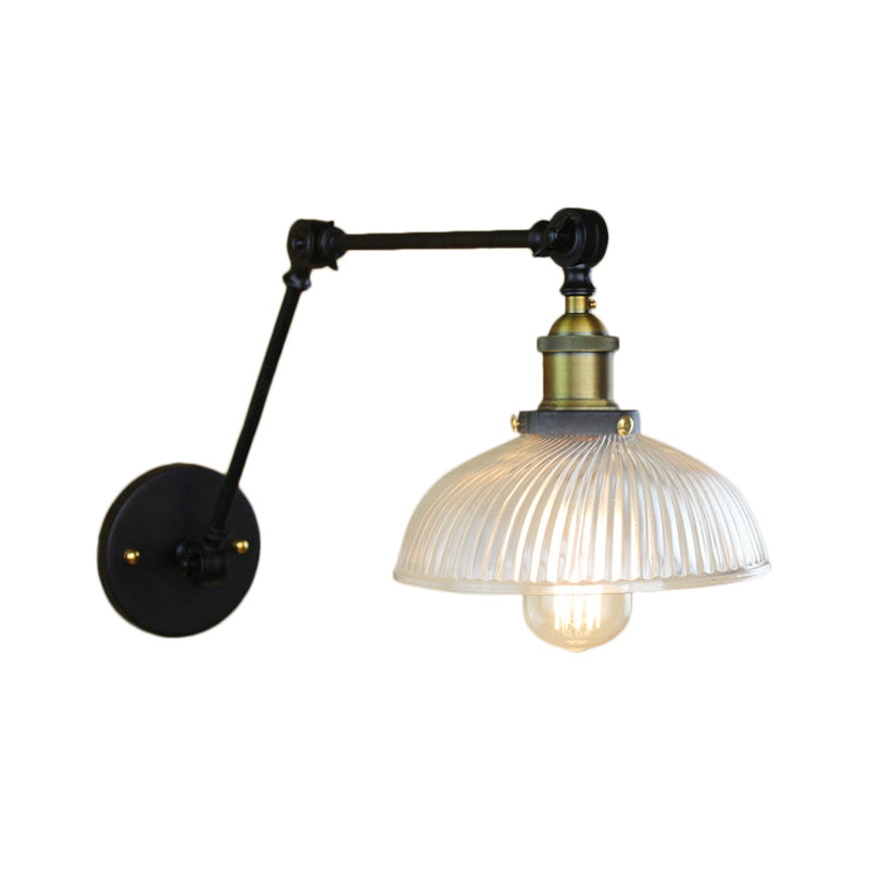 BowLift | 1 Light Ribbed Glass Wall Lamp Light Industrial Antique Brass/Black/Rust Dome Living Room Lighting Fixture with Swing Arm