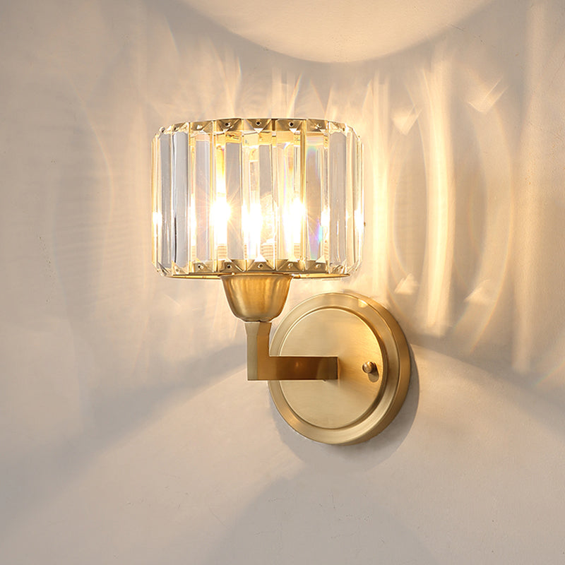 BowLift | Cylindrical Crystal Prism Wall Lamp Postmodern 1 Bulb Nightstand Wall Light Fixture in Brass