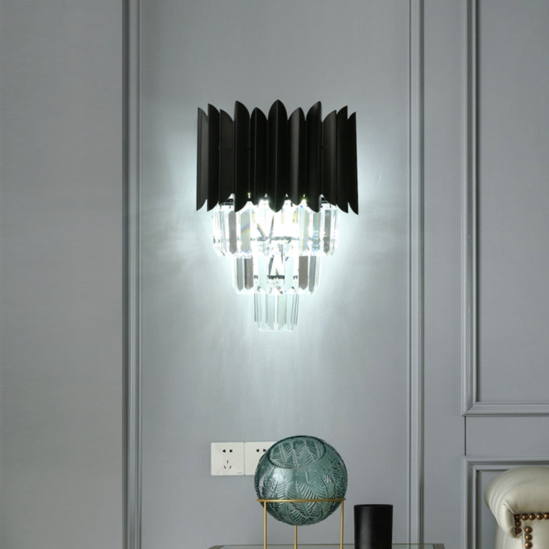 BowLift | 2 Bulb Cone Wall Mounted Light Modern Black Finish Clear Crystal Prisms Flush Wall Sconces