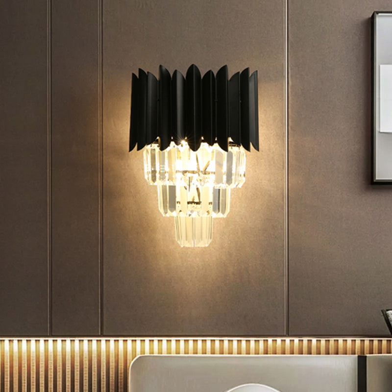 BowLift | 2 Bulb Cone Wall Mounted Light Modern Black Finish Clear Crystal Prisms Flush Wall Sconces