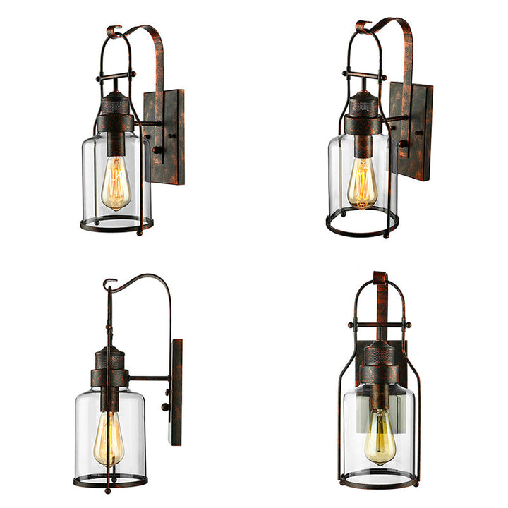 BowLift | Cylinder clear glass wall-mounted lamp industrial single bulb living room wall sconce in black/white/rust with cage