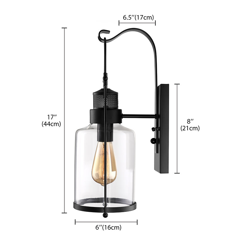 BowLift | Cylinder clear glass wall-mounted lamp industrial single bulb living room wall sconce in black/white/rust with cage