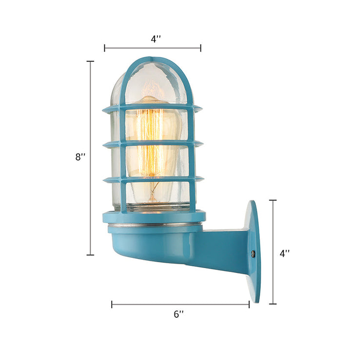 BowLift | Cylinder Clear Glass Wall Mounted Lamp Industrial Single Bulb Living Room Wall Light in Pink/Blue/Green with Cage