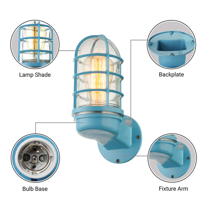 BowLift | Cylinder Clear Glass Wall Mounted Lamp Industrial Single Bulb Living Room Wall Light in Pink/Blue/Green with Cage
