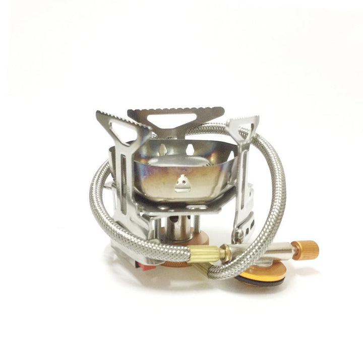 stainless steel folding backpacking gas stove with braided fuel hose and windproof simmer-control regulator Bowlift