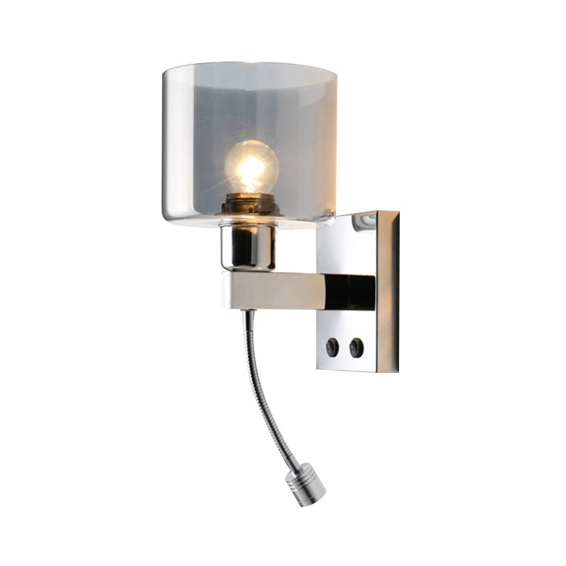 BowLift | Cylindrical gray glass wall lamp modernist 1 light chrome wall light with 1 switch/2 switches/no switch