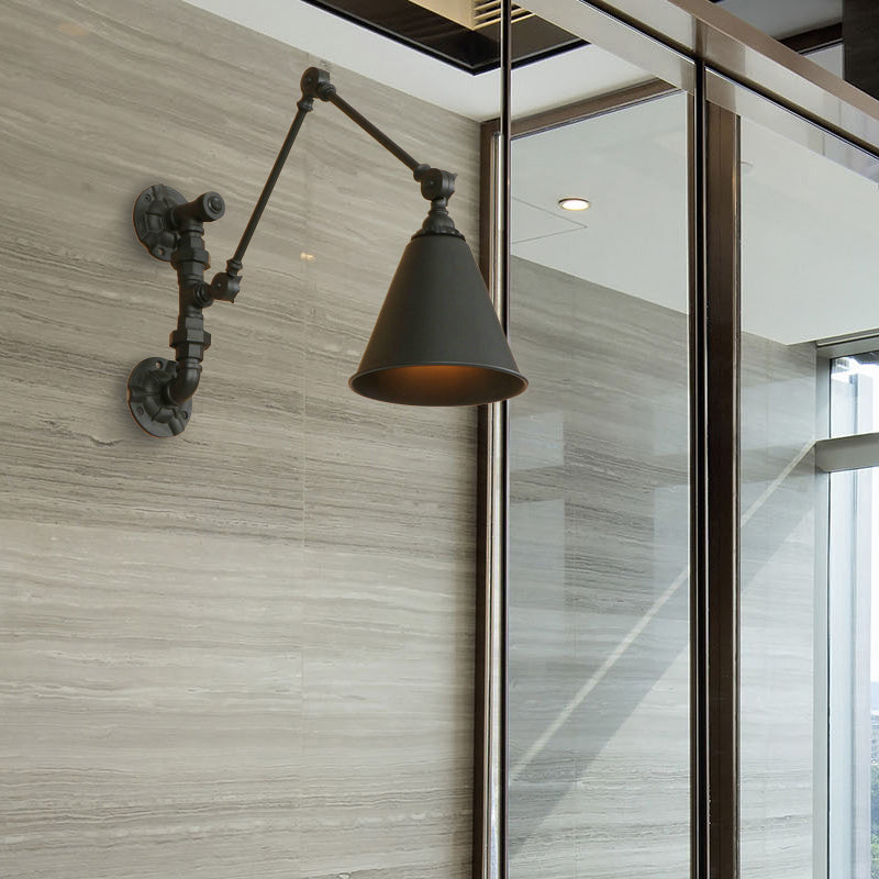 BowLift | 1 Bulb Swing Arm Wall Lamp Lighting Industrial Black Metal Wall Mount Light with Cone Shade