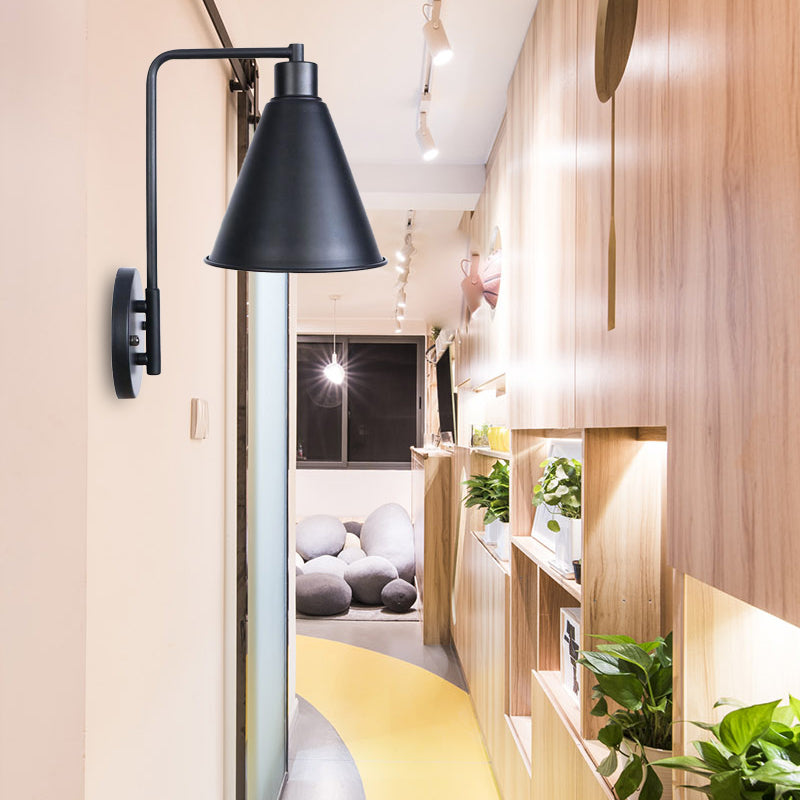 BowLift | 1 Light Bulb Conical Wall Lamp Vintage Style Black/Rust Iron Wall Mounted Lamp with Angle Arm for Farmhouse