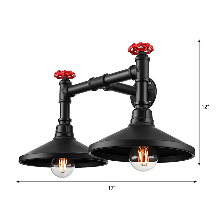 BowLift | Industrial Cone Wall Lamp with Raw Valve 2 Heads Metal Wall Light in Black for Hallway