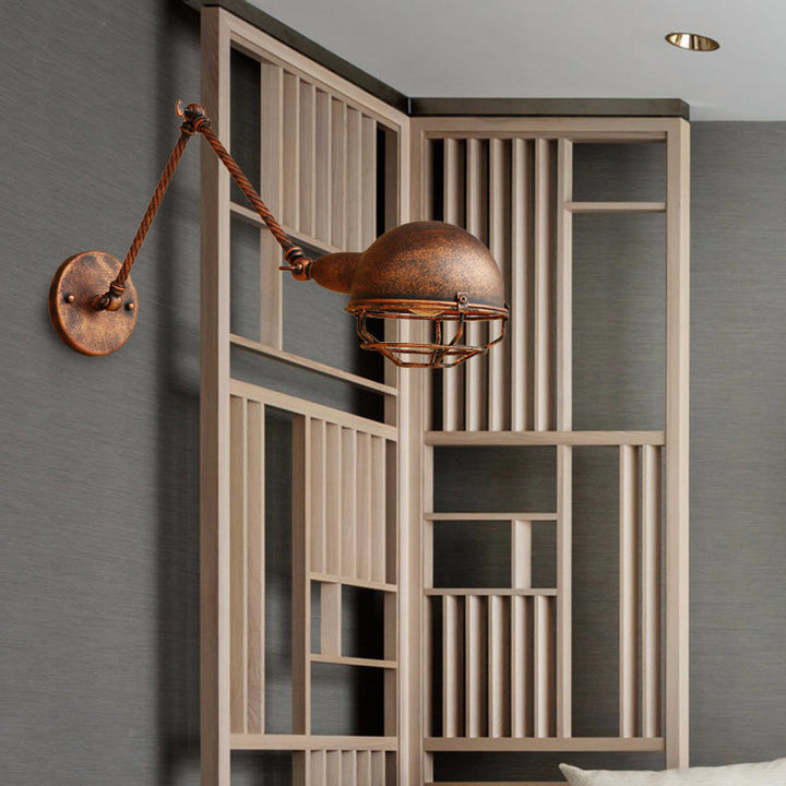 BowLift | 1 Bulb Pendant Light with Cage Shade Metal Antique Stylish Farmhouse Adjustable Wall Lamp in Rust