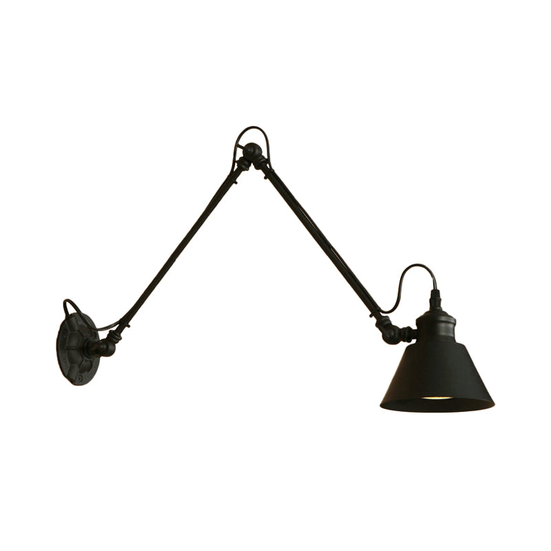 BowLift | 1 Head Cone-Shaped Wall Mount Retro Style Black/Chrome Metal Swing Arm Wall Light for the Study