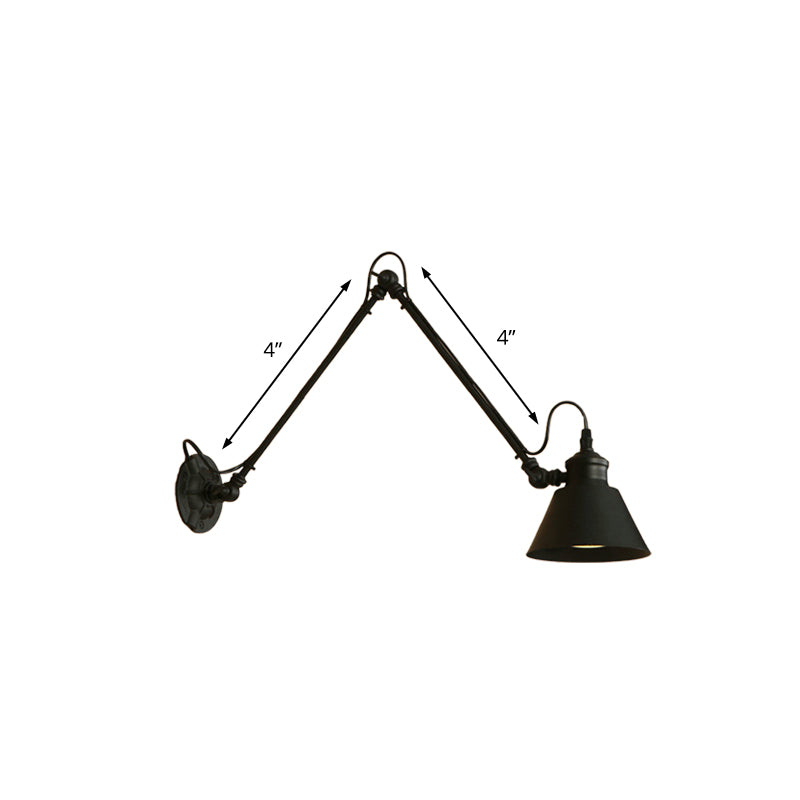 BowLift | 1 Head Cone-Shaped Wall Mount Retro Style Black/Chrome Metal Swing Arm Wall Light for the Study