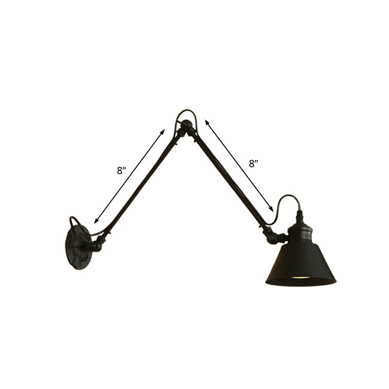 BowLift | 1 Head Cone-Shaped Wall Mount Retro Style Black/Chrome Metal Swing Arm Wall Light for the Study