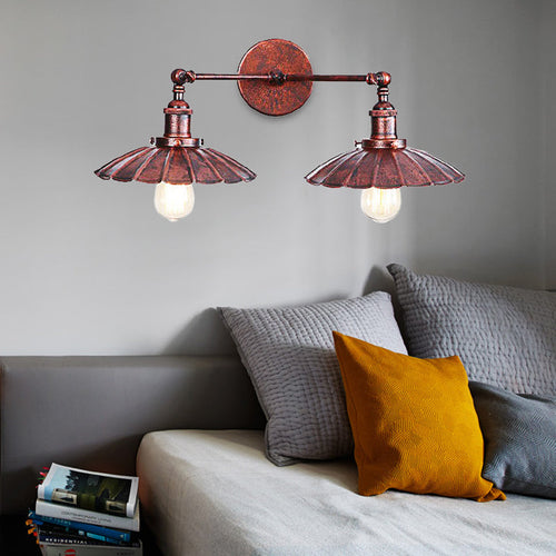 BowLift | Antique Stylish Ribbed Edge Wall Lamp 2 Heads Metal Wall Mounted Light in Brass/Rust for Bedroom
